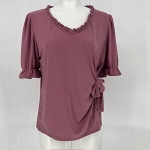 Ruffle Scoop Neck XL Pink Blouse Top Bow Detail Puff Sleeve Romantic Feminine